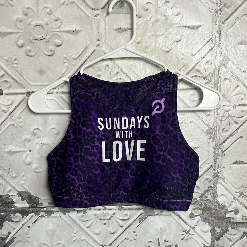 Purple peloton Sundays with love Leopard Print sports bra